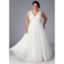 Elegant A-Line V-Neck Floor Length White Chiffon Plus Size Wedding Dresses