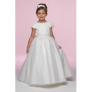 Ball Gown Round Full Length Embroidery Cap Sleeves Satin Organza Flower Girl/ First Communion Dresses with Bow