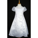 Gorgeous Crew Neck White Satin First Communion Flower Girl Dresses with Beading Embroidered and Short Sleeves