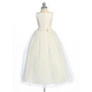 Affordable Simple A-Line Round Neckline Tea Length Taffeta Tulle First Communion Flower Girl Dresses