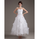 Romantic A-Line Pleated Bust Ankle Length Tulle Wedding Dresses with Floral Appliques Skirt