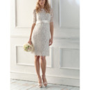 Elegant Sheath/Column Knee Length Reception Lace Wedding Dresses with Short Sleeves