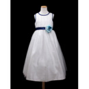 Affordable A-Line Round Tea Length Satin TulleColor Block Flower Girl Dresses with Satin-trimmed