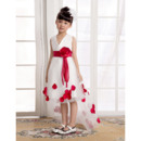 Fashionable A-Line V-Neck High-Low Sweep Train Satin Tulle Flower Girl Dresses with Petal Detailing