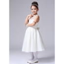 Pretty Beaded Round Neckline Tea Length Organza First Communion Flower Girl Dresses with Satin-trimmed