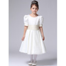 Discount A-line Round Neckline Tea Length Ivory Satin First Communion Flower Girl Dresses with Short Puff Sleeves