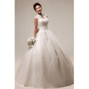 Elegant Mandarin Collar Lace A-Line Floor Length Satin Organza Wedding Dresses