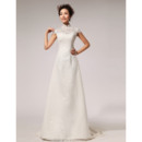 Discount Satin Lace Mandarin Collar Cap Sleeves A-Line Floor Length Wedding Dresses