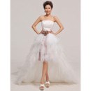 Discount A-line High-Low Strapless Satin Tulle Wedding Dresses with Layered Skirt
