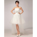 Discount A-line Asymmetric High-Low Strapless Satin Organza Short Wedding Dresses