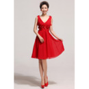 Beautiful V-Neck Knee Length Red Chiffon Organza A-Line Bridesmaid Dresses