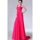 Enchanting V-Neck Court Train Pleated Chiffon Evening Party Dresses with Beading Detail