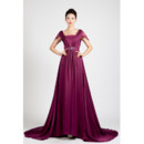 Vintage-inspired A-Line Long Train Pleated Evening Dresses with Cap Sleeves and Lace Top