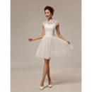 Custom A-Line Lace Mandarin Collar Cap Sleeves Short/ Mini Beach Wedding Dresses