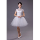 Popular Ball Gown Mandarin Collar Short Sleeves Satin Lace Organza Short Reception Wedding Dresses