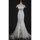Alluring Elegance Beaded Rhinestone Under Bust Mermaid Lace Wedding Dresses with Short Sleeves