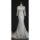 Vintage Mermaid Court Train White Lace Wedding Dresses with Long Illusion Sleeves