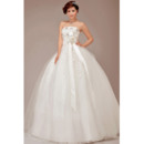 Gorgeous Rhinestone Beaded Appliques Strapless Ball Gown Tulle Wedding Dresses with 3D Flowers