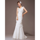 Romantic Perfect Mermaid Scoop Neck Floor Length Lace Wedding Dresses with Hand-made Flowers