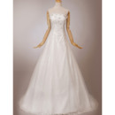 Graceful A-Line Strapless Sweep Train Lace Wedding Dresses with Beading Appliques Bodice