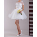 Delicate Crystal Bateau Neck  Short Sleeves Reception Lace Wedding Dresses with Tulle Skirt