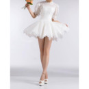 Cute Pretty Crew Neck Bubble Sleeves Short Summer Beach Lace Wedding Dresses with Tutu Skirt