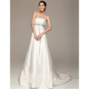 Gorgeous Crystal Beading Strapless A-Line Full Length Satin Wedding Dresses with Appliques