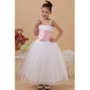 Inexpensive Simple Ball Gown Spaghetti Straps Tulle Ankle Length Flower Girl Dresses with Pleated Waist