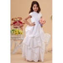Chic Cute A-Line Crew Neck Cap Sleeves Pick-up Taffeta Full Length White Flower Girl Dresses with Embroidery Beaded