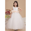 Discount Ball Gown Round Neck Satin Empire Ankle Length Tulle Flower Girl Dress with 3D Flowers