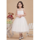Inexpensive Simple Ball Gown Round/ Scoop Tea Length Satin Tulle Flower Girl Party Dresses with Sashes