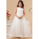 Afforable A-Line Crew Neck long Length First Communion Dresses with Beaded Appliques Waist