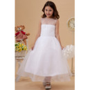 Lovely Beaded A-Line Illusion Neckline Organza Tea Length White First Communion Dresses