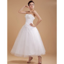 Romantic Strapless Tea Length Tulle Wedding Dresses with Hand-made Flowers