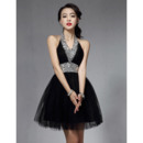 Affordable Sexy A-Line Halter Short Black Homecoming/ Dramatic Bling Bling Tulle Prom Party Dresses