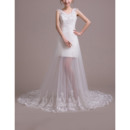 Fashionable Lace Appliques Sheath Wedding Dresses with Illusion Tulle Trains