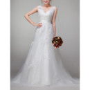 Pretty Affordable A-Line V-Neck Appliques Tulle Wedding Dresses