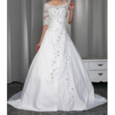 Delicate Beading Appliques Off-the-shoulder Satin Wedding Dresses with Half Tulle Sleeves