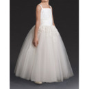 Affordable Ball Gown Wide Straps Satin Tulle First Communion Flower Girl Dresses with Lace Appliques Detail