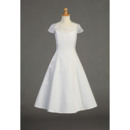 Perfect A-Line Illusion Neckline White Beaded Satin First Communion Flower Girl Dresses with Cap Sleeves