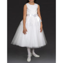 Custom Lovely Ball Gown Round Tea Length Satin Beaded Appliques White Tulle Flower Girl/ Communion Dresses