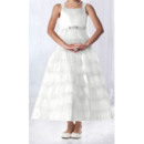 Inexpensive A-Line Wide Straps Tea Length Satin Layered Skirt Tulle White Flower Girl Dresses