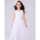 Discount A-Line Round Neck Full Length White Tull First Communion Dresses with Beaded Appliques