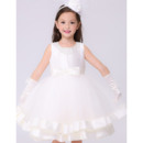 Stylish Ball Gown Beaded Round/ Scoop Sleeveless Short White Flower Girl Dresses with Satin-trimmed