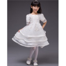 Pretty A-line Square Neck Layered Skirt Short White Little Girls Party Dresses with Short Sleeves and Appliques