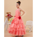 Luxury Beaded Crystal Ball Gown Halter Ankle Length Layered Skirt Organza Little Girls Party Dresses
