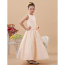 Simple A-Line Bateau Neck Ankle Length Satin Flower Girl Dresses with Hand Made Flower