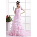 Beautiful Ruffled One Shoulder Ruching Organza Pink Wedding Dress with Tiered Skirt