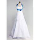Inexpensive A-Line Blue Halter Floor Length Satin Wedding Dresses