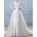 Vintage Beading Appliques A-Line V-Neck Winter Wedding Dresses with Long Illusion Sleeves